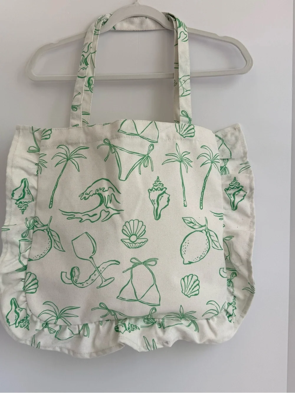 Canvas Beach Tote with Green Tropical Print